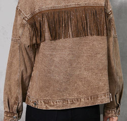 Fringe Trim Snap Down Denim Jacket