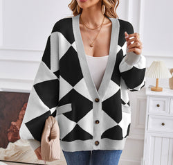 Geometric Lantern Sleeve Cardigan with Pockets