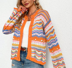 Chevron Stripes Openwork Cardigan