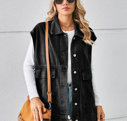 Pocketed Button Up Sleeveless Denim Jacket