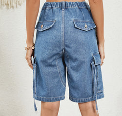 Buttoned Elastic Waist Denim Shorts with Pockets