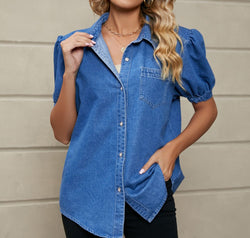 Puff Sleeve Collared Denim Top