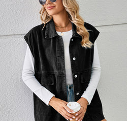 Pocketed Button Up Sleeveless Denim Jacket