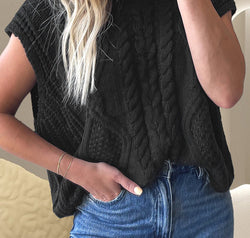 Cable-Knit Mock Neck Cap Sleeve Sweater