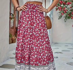 Full Size Tiered Printed Elastic Waist Skirt