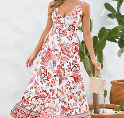 Printed V-Neck Wide Strap Dress