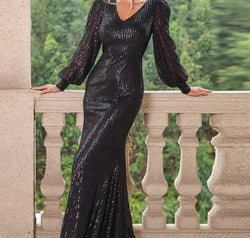 Sequin V-Neck Lantern Sleeve Maxi Dress