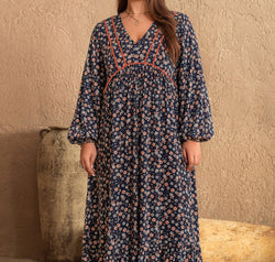 Plus Size Printed V-Neck Balloon Sleeve Dress