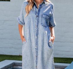 Pocketed Button Up Half Sleeve Denim Dress