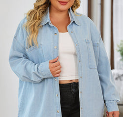 Plus Size Snap Down Pocketed Denim Jacket