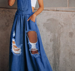 Distressed Wide Leg Denim Overalls