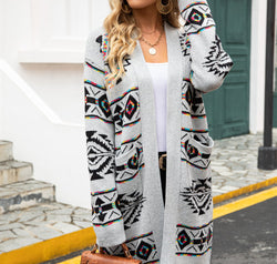 Printed Long Sleeve Cardigan with Pocket