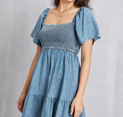 Smocked Square Neck Mini Denim Dress