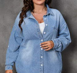 Plus Size Button Up Pocketed Denim Top