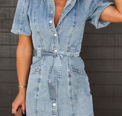 Puff Sleeve Button Up Mini Denim Dress