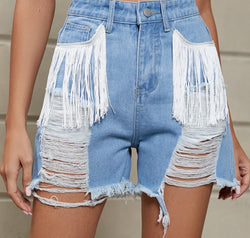 Fringe Trim Distressed Denim Shorts with Pockets