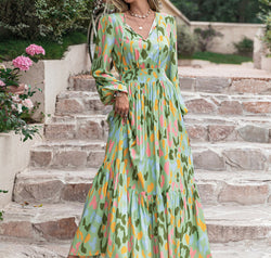 Printed Tie Neck Long Sleeve Maxi Dress