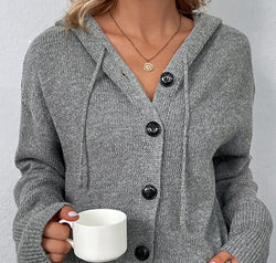 Drawstring Button Up Hooded Cardigan