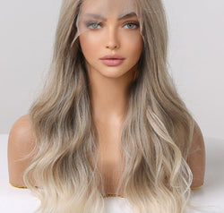 13*2" Lace Front Wigs Synthetic Long Wave 24" 150% Density in Medium Blonde Highlights
