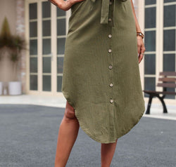 Tie Belt Frill Trim Buttoned Skirt