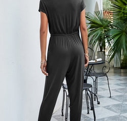Drawstring Waist Short Sleeve Jogger Jumpsuit