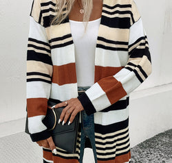 Striped Open Front Drop Shoulder Cardigan