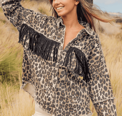 Leopard Fringe Detail Collared Neck Denim Jacket