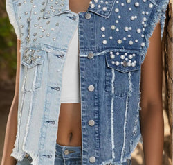 Pearl Raw Hem Sleeveless Denim Jacket
