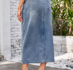 Slit Midi Denim Skirt with Pockets