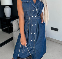 Collared Neck Cap Sleeve Denim Dress