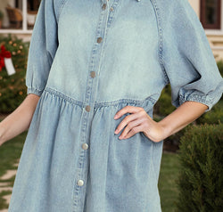 Raw Hem Snap Down Half Sleeve Denim Dress