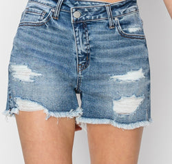 RISEN Stepped Waist Frayed Denim Shorts