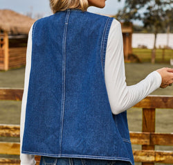 Pocketed Button Up Sleeveless Denim Jacket
