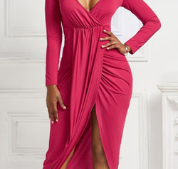 High-low Ruched Surplice Long Sleeve Dress