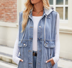 Drawstring Hooded Sleeveless Denim Jacket