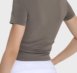 Ruched Round Neck Short Sleeve Active T-Shirt
