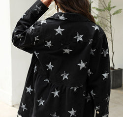 Collared Neck Star Print Long Sleeve Denim Jacket