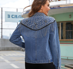 Studded Fringe Button Down Denim Jacket