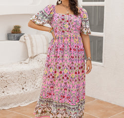 Plus Size Printed Square Neck Ruffle Hem Dress