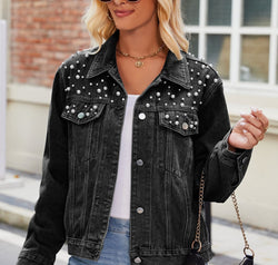 Pearl Detail Collared Neck Long Sleeve Denim Jacket