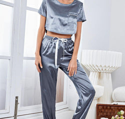 Satin Short Sleeve Crop Top and Joggers Lounge Set
