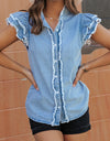 Raw Hem Button Up Cap Sleeve Denim Top