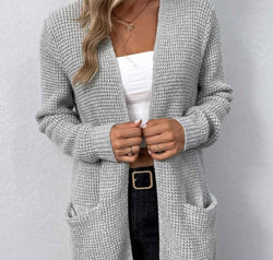 Rib-Knit Open Front Pocketed Cardigan