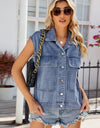 Pocketed Button Up Sleeveless Denim Jacket