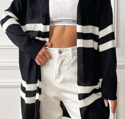 Striped Open Front Dropped Shoulder Cardigan
