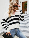 Striped Collared Neck Drop Shoulder Knit Top