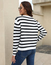 Striped Round Neck Button-Down Dropped Shoulder Cardigan