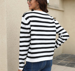 Striped Round Neck Button-Down Dropped Shoulder Cardigan