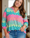 Plus Size Leopard Notched Long Sleeve Blouse