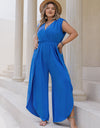 Plus Size Slit Eyelet Surplice Cap Sleeve Jumpsuit